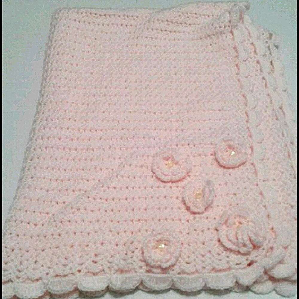 Vintage Handknitted Pink Crochet Baby Blanket Scalloped Edges & Flowers